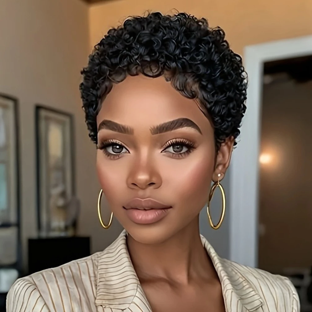 

Короткие афро-пучковые парики с кудрями, парик из натуральных волос для женщин, полностью машинного изготовления, с челкой