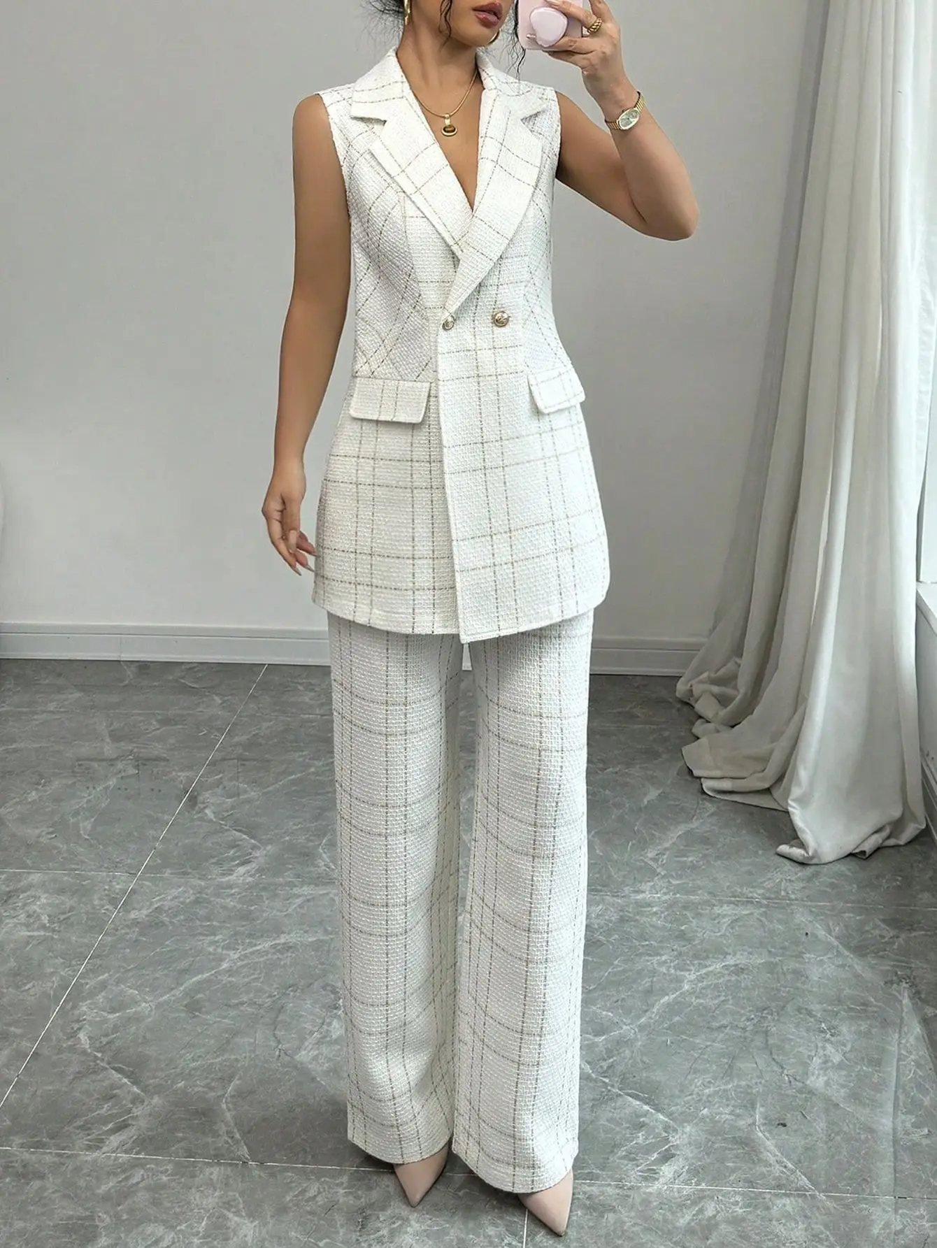 

Summer Womens Sleeveless Top Pants Set Plaid Button Casual Outfit