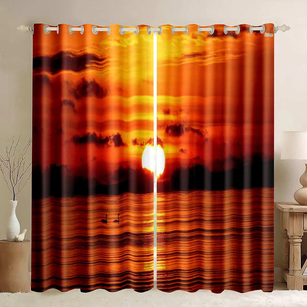 Sunrise Beach Window Curtain,Sunrise in Seacoast Cloudscape Skyline Calm Ocean Coastal Picture Nature Landscape Blackout Curtain