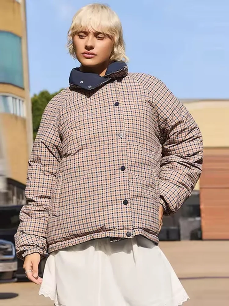 Chic Puffer Jacket Women Double-sided Wear Full Sleeve Check Pattern Cotton Coat 2026  Autumn Winter Loose Warm  Quilted Coat