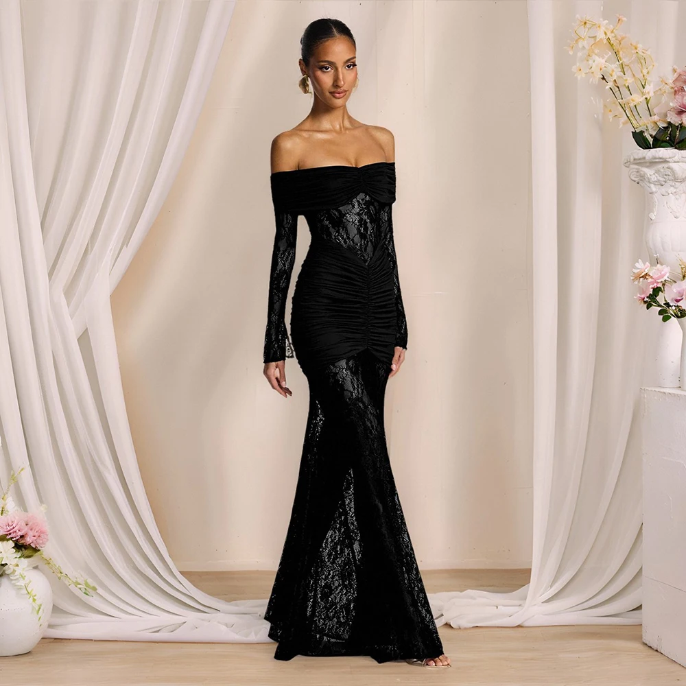 Women Elegant Lace Hollow Out  Evening Dress Off Shoulder Long Sleeve Ruched Bodycon Party Dress Female Formal Prom Maxi Dresses