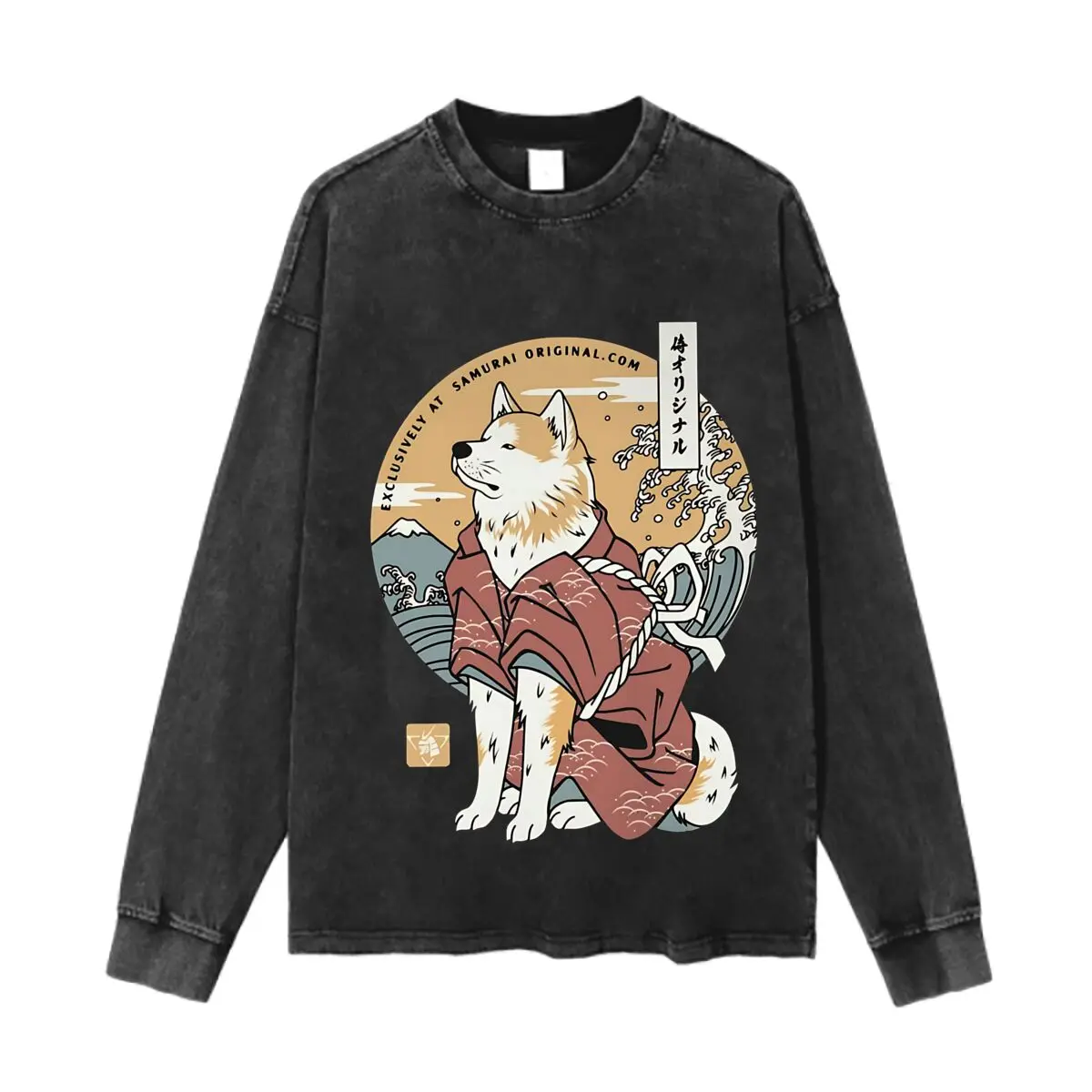 

Самурай Шиба-ину Культурный, аниме - вдохновленная собакой Иллюстрация Ретро Oversize Винтажная футболка с длинными рукавами Повседневная уличная повседневная одежда