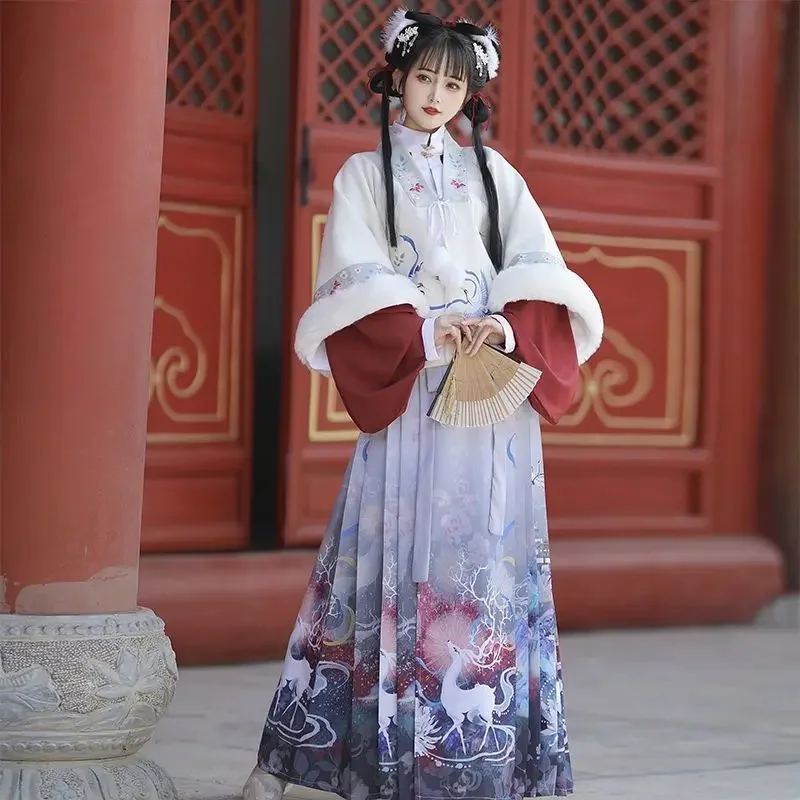 2 Colors Traditional Chiense Style Hanfu Cloak Dress Set Gorgeous Vintage Horse Face Skirt Girls Women New Year Christmas Suit