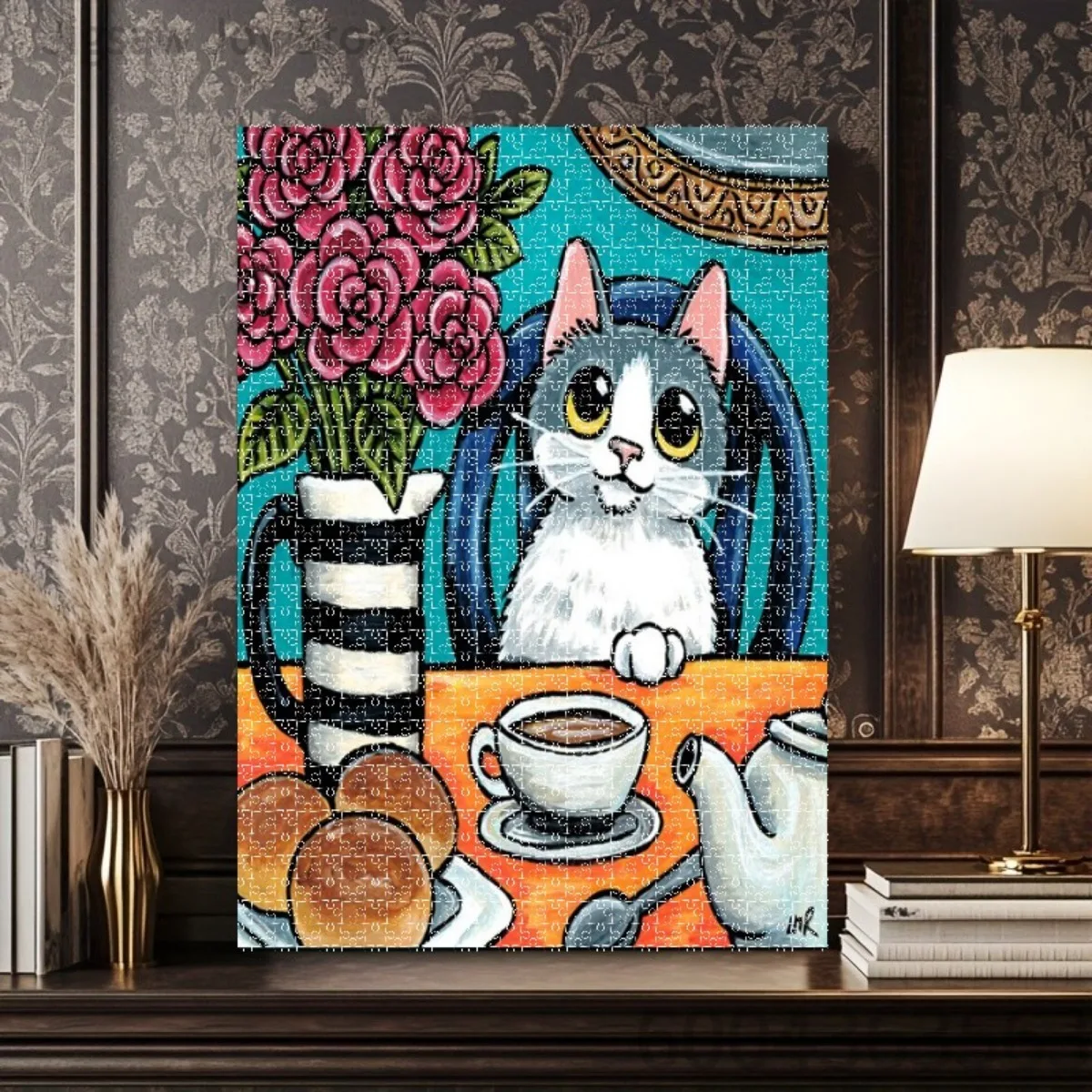 Animal Art Jigsaw Puzzle, Coffee Cat, Blossom Tree Kittens, Vintage Breakfast, Moon Wildflower Sleeping Cat, Home Wall Decor