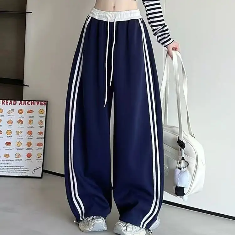 2025 New White Gray Sports Pants for Women's Autumn High Waisted Loose Wide Leg Pants, American Retro Striped Casual Pants