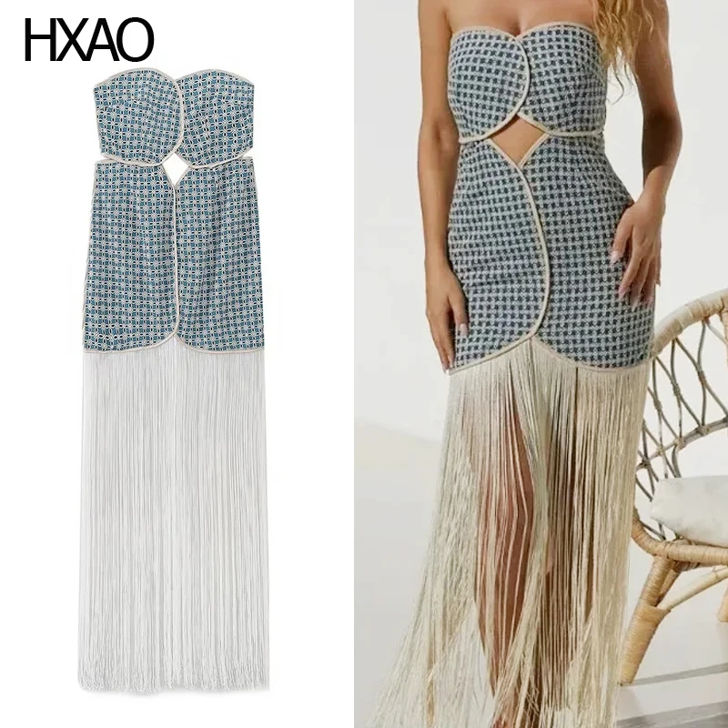 

HXAO Women Print Blue Dress Tassel Elegant Chic Dress Hollow Strapless Summer Dress 2024 Holiday Dress Female Party Dress Boho