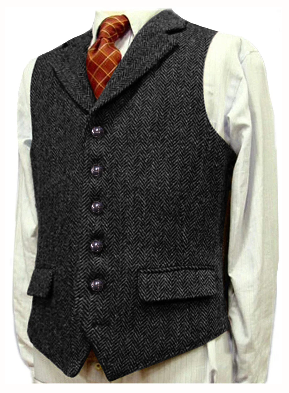 Gilet pour homme avec revers, en tweed de laine à chevrons, coupe ajustée, style boutique, pour occa