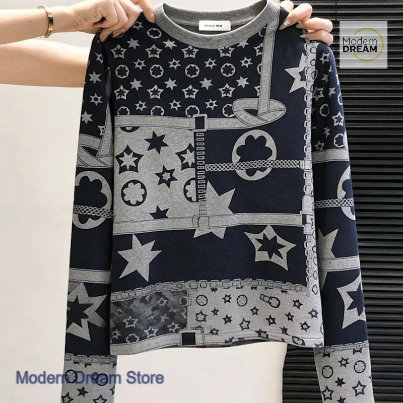 

French plus size chic printed round neck long sleeve T-shirt women's spring and autumn new fat mm Joker slim bottoming shirt top