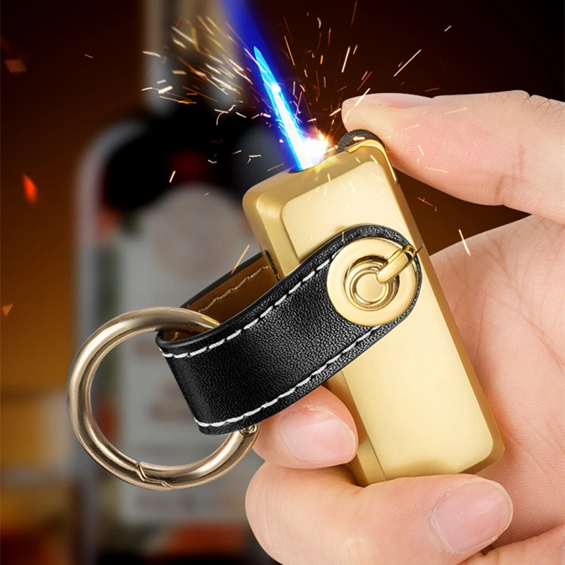 New Windproof Mini Keychain Lighter Metal Blue Jet Flame Grinding Wheel Inflatable Butane Portable Lighter Men\'s Small Tools