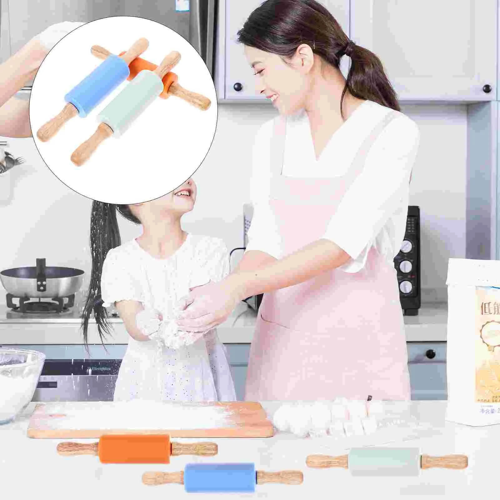 3 Pcs Children Rolling Pin Non-stick Baking Dough Roller for Mini Toys Silicone