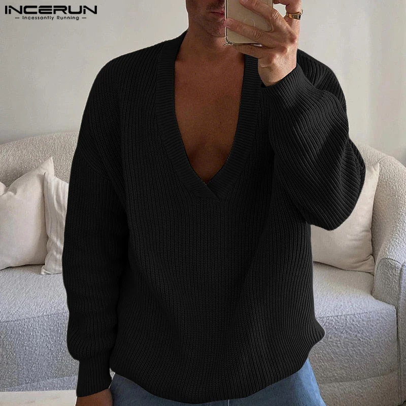 

INCERUN Men Sweater Autumn Solid Color Knitted V Neck Long Sleeve Male Pullovers Streetwear 2025 Fashion Casual Men Clothing