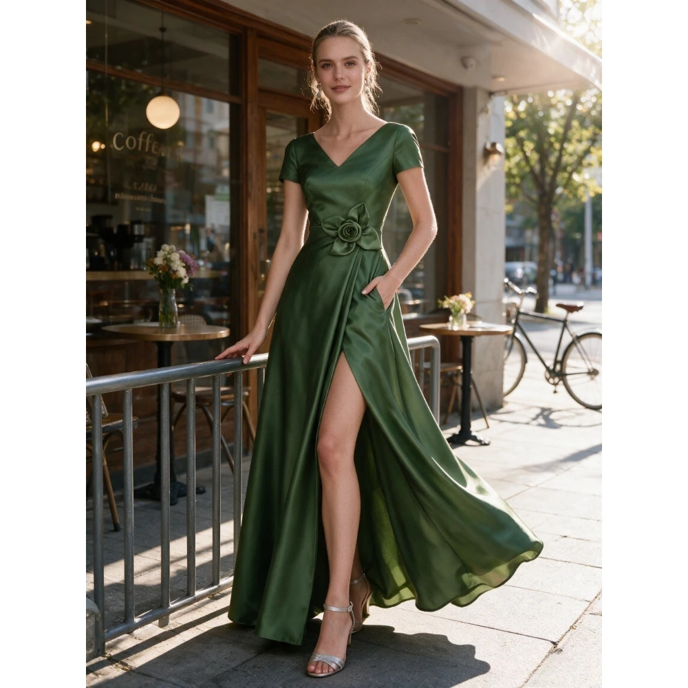 Customized V-neck High Waisted Satin Evening Gown 2026 Elegant Backless Short Sleeved Formal Ball Dress with Floral Stitching