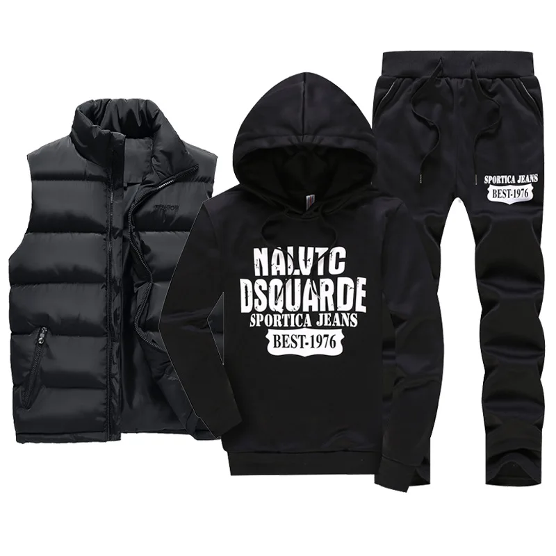 Men's Casual Tracksuits Set, 3 Pieces, Warm Vest, Sweatpants, Hoodie, Letter Printed, Joggers, Sweat Suits, Plus Size, 5XL