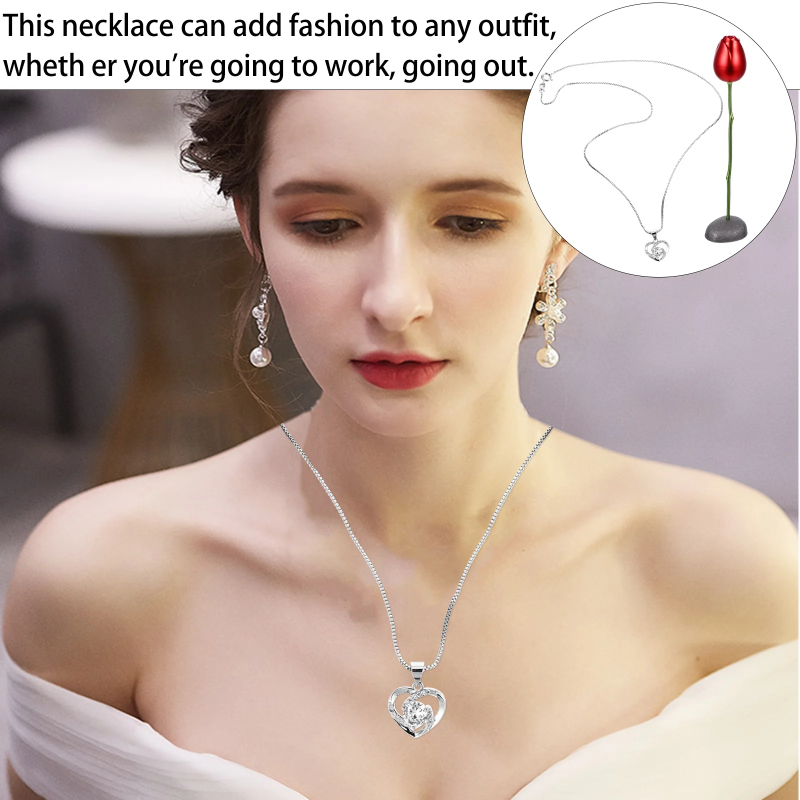 

1Set Heart Pendant Rose Flower Necklace Valentine's Day Gift Set Fashionable Neck Adornment Romantic Jewelry Accessory Unique