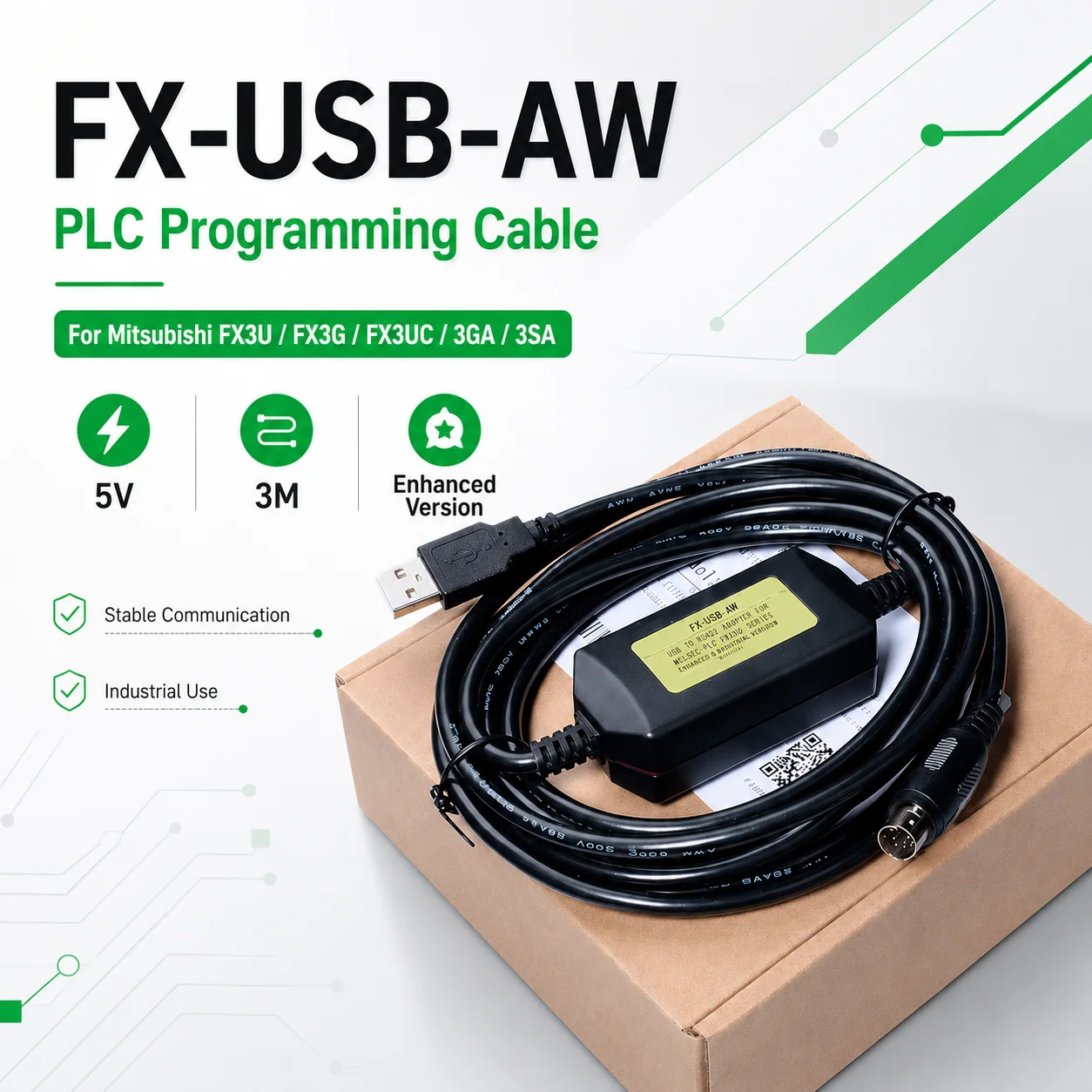 FX-USB-AW 3M PLC Programming Cable, 5V USB Download Lead for Mitsubishi FX3U/FX3G/FX3UC/FX3GA/FX3SA, Enhanced Version