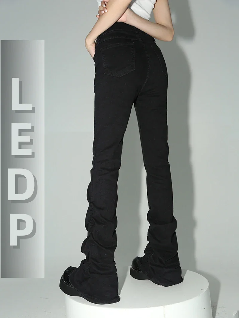 IMU Stacked Flare Jeans Women Black Trousers Goth Retro Solid Stretch High Rise Boot Cut Pants Japanese Korean Y2k Fas