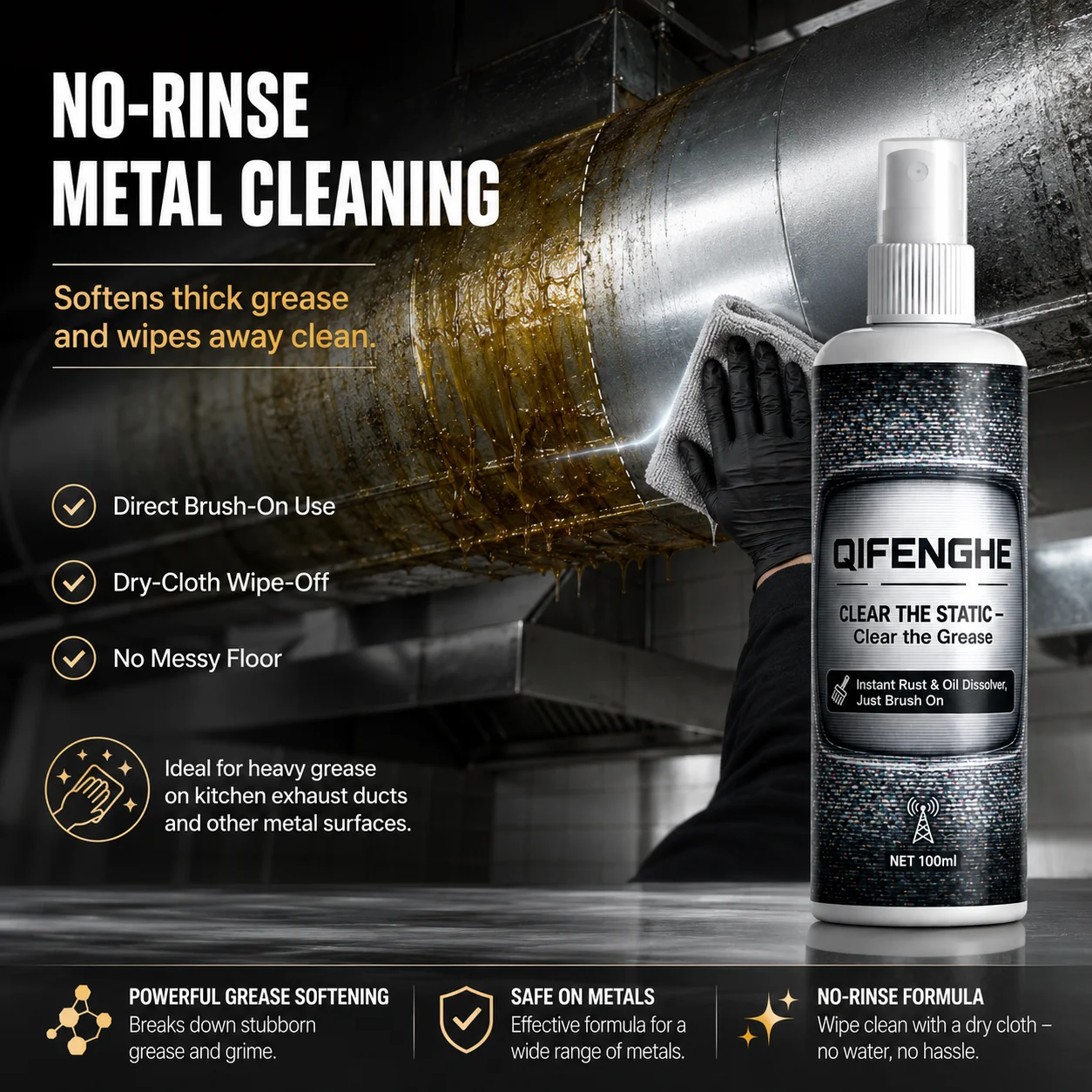 100ml Heavy Duty Kitchen Degreaser, Oven Grill Cleaner Rust Remover, Calcium Carbonate Formula Metal Polish No Rinse