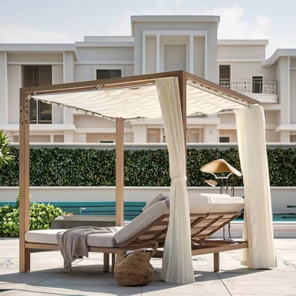 

Durable Outdoor Garden Lounge Chair Set Double Sofa Bed With Canopy And Curtains For Hotels Fabric Material