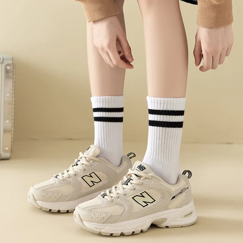 6 Pairs Women Socks Simplicity Parallel Bars Versatile Sport Solid Breathable Mid-Tube Woman Absorbent Socks