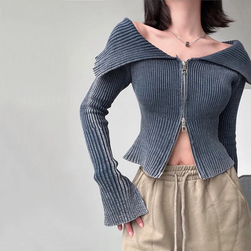 

Women Ribbed Off-shoulder Zip Through Cardigan