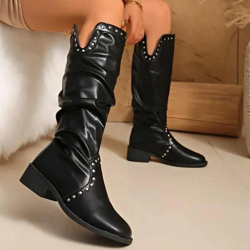 

Retro Rivet Mid Calf Cowboy Boots for Women Autumn Chunky Heels Western Boots Woman Slip on Pointed Toe Cowgirl Boras Plus Size