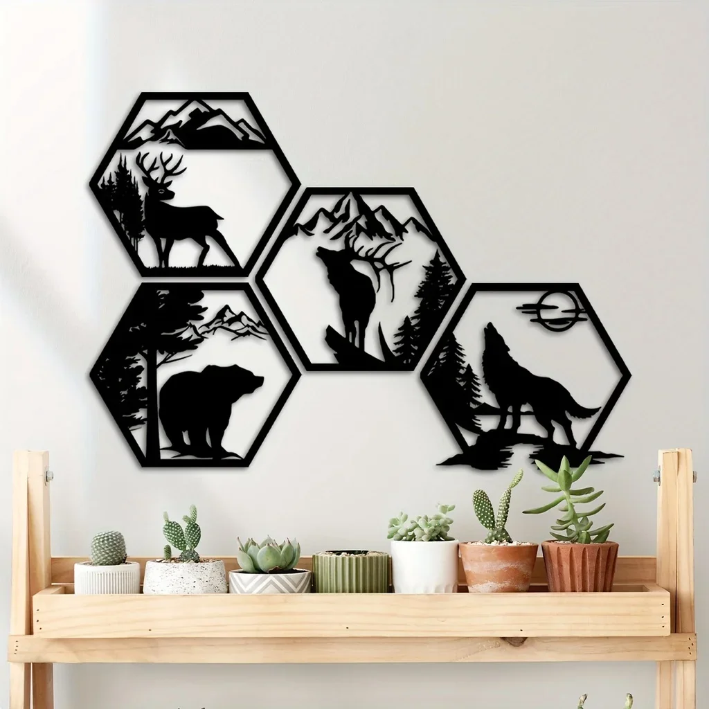 4pcs Home Decorative Frames Elk Deer Wolf Bear Hexagonal Metal Wall Sculpture Leaked Rustic Forest Decor Wilderness Decoration