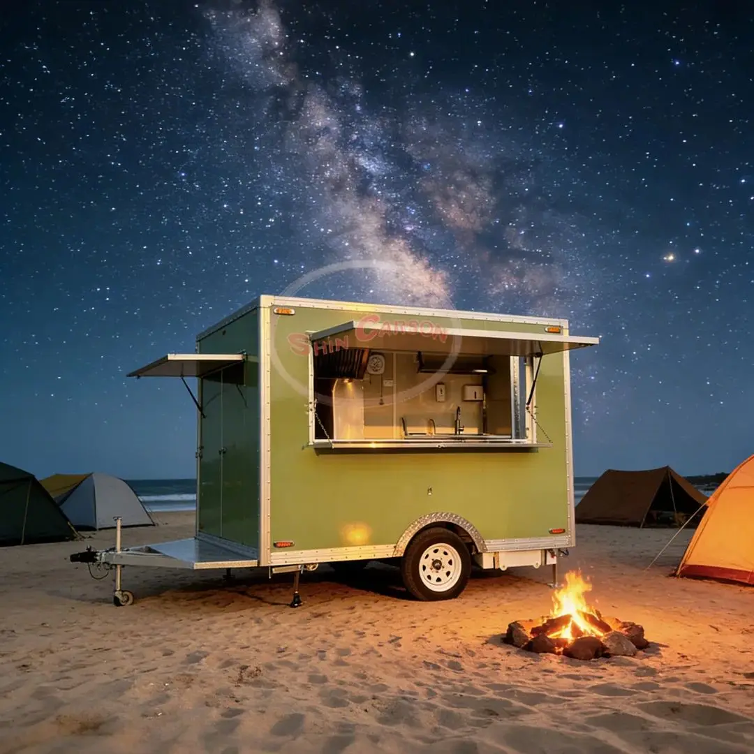 

Fiberglass Concession Food Trailer, Fully Equipped Mobile Kitchen Cart with Sink and Vent for Street Vending