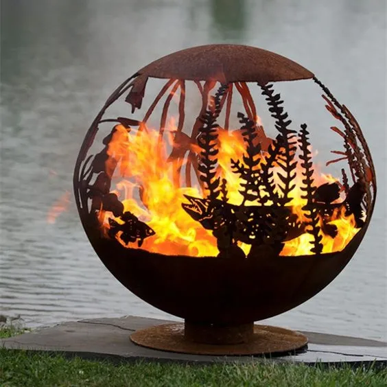 

Garden ornament decorative metal statues fire sphere with carved image