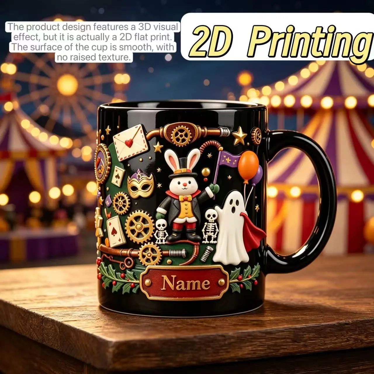 Personalized Halloween Mug 11oz Custom Name Circus Rabbit Ghost Black Ceramic Cup 2D Print Carnival Coffee Novelty Gift for Fall