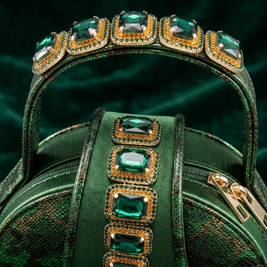 Elegant Green Peep‑Toe High Heel Sandals & Round Handbag Set,Rhinestone Decor Italian Style Women Party Shoes Bag Matching Set view 4