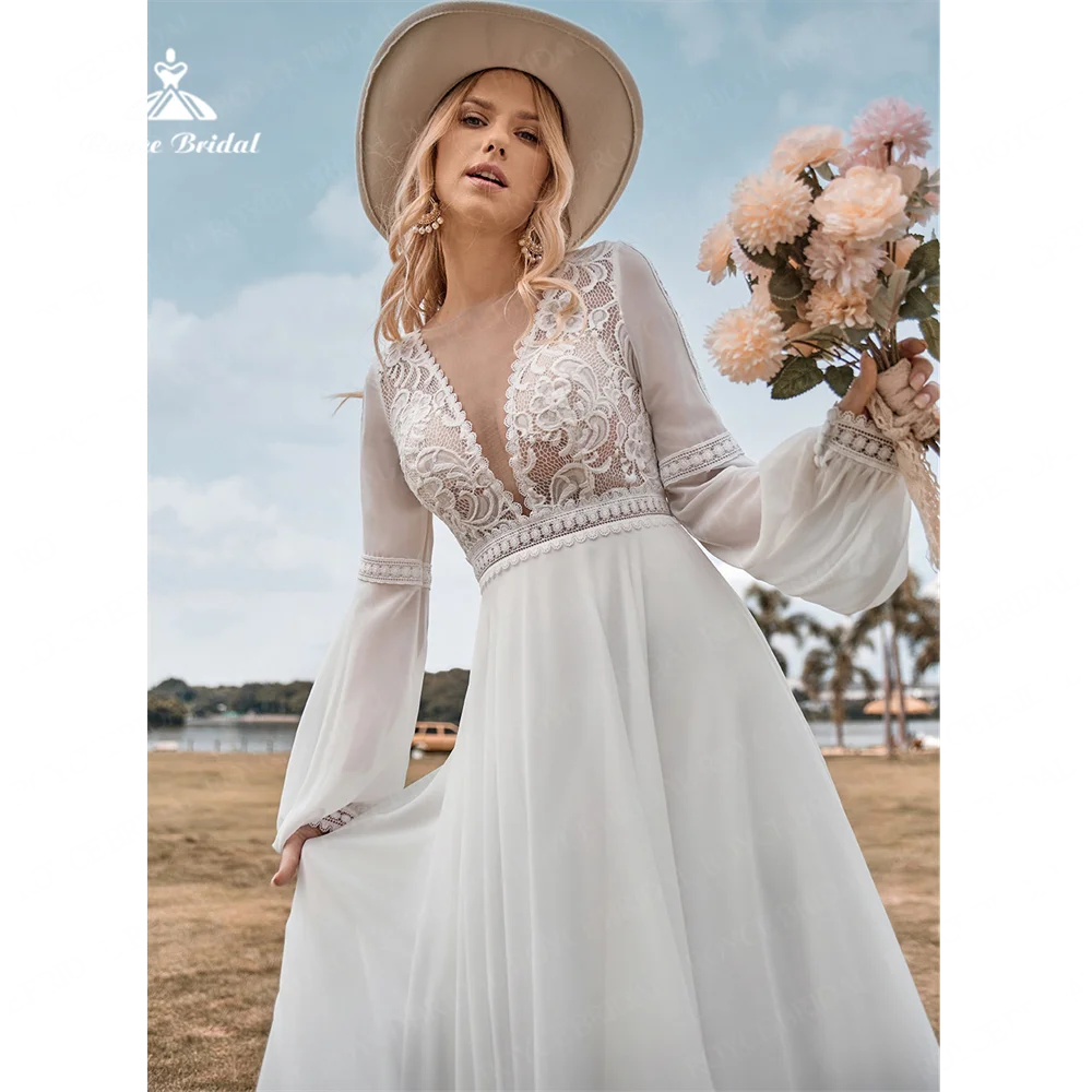 Roycebridal-vestido de noiva feminino com decote em V, vestido de chiffon com trem grande e grande, 2020