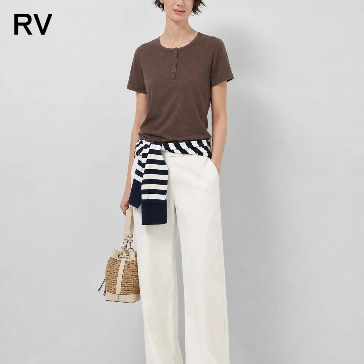 RV Women Brown Henley T Shirt Short Sleeve Button Front Crew Neck Casual Basic Tee Soft Slim Fit Summer Everyday Top