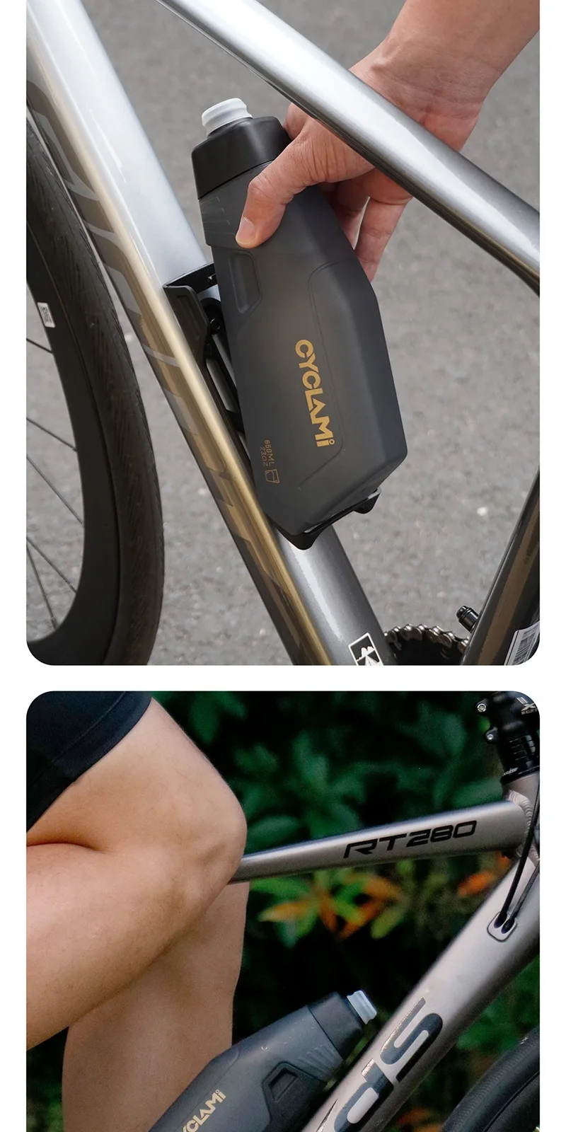 CYCLAMI 650ml Aerodynamisches Fahrradflaschenhalterungsset PP5 Quetschbare Fahrradflasche mit Silikondeckel für Rennrad und Mountainbike-Rahmen – Detail 10