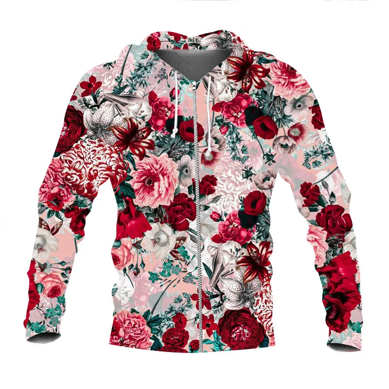 Flower Print ZipHoodies for Men Fashion 3D Pattern New in Sweatshirts Hip Hop Harajuku Oversized Pullover Tops S-7XL Women