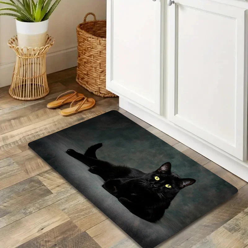 VIKAMA Schwarzer Katzen-Teppich Grauer Fleckenresistenter Küchenteppich Fußmatte Willkommensmatte Weicher Teppich für Schlafzimmer Teppich für Wohnzimmer Heim-Deko