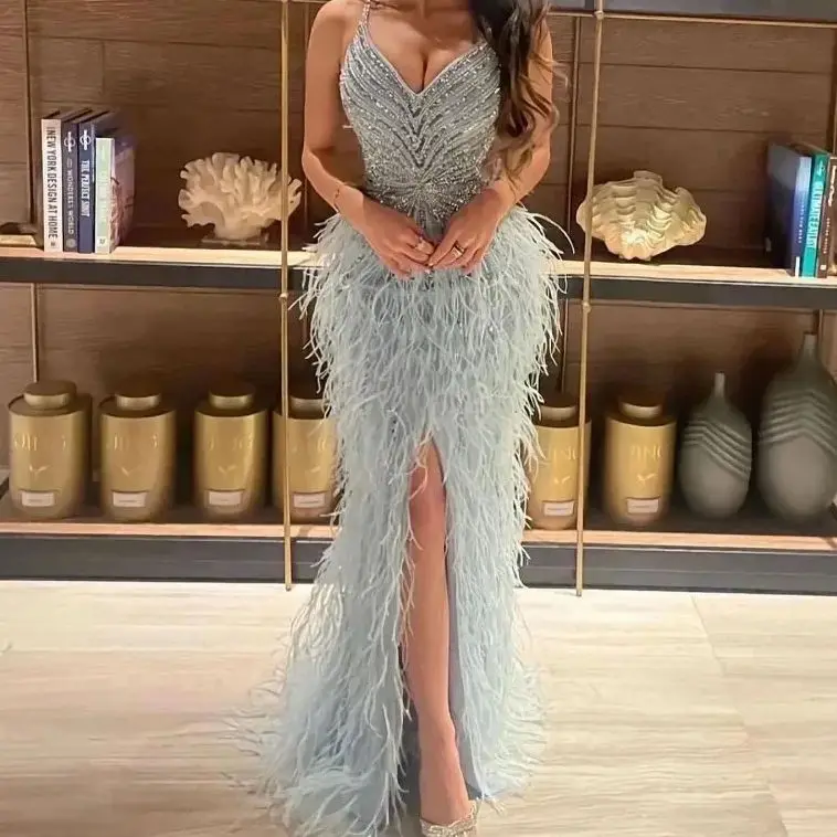 Jirocum Luxury Beaded Blue Feather Prom Dresses Sexy Spaghetti Straps Backless Rose Pink Evening Dresses Arabic Customized