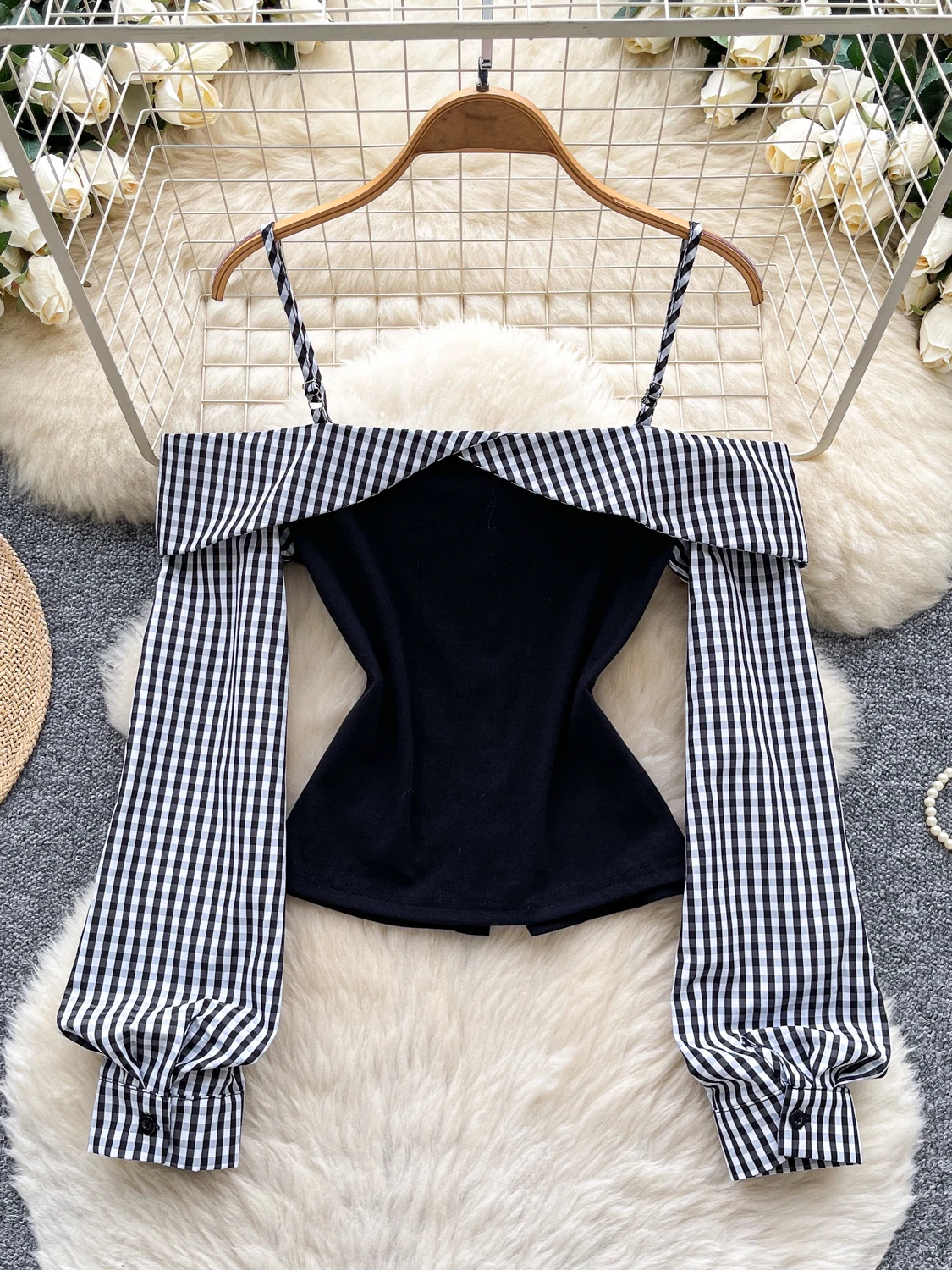 

Street Sle Patchwork One oulder Lantern Sve Crop Top Women Summer Spicy Pure Desire Blouse Korean Loose Fit Long Sve