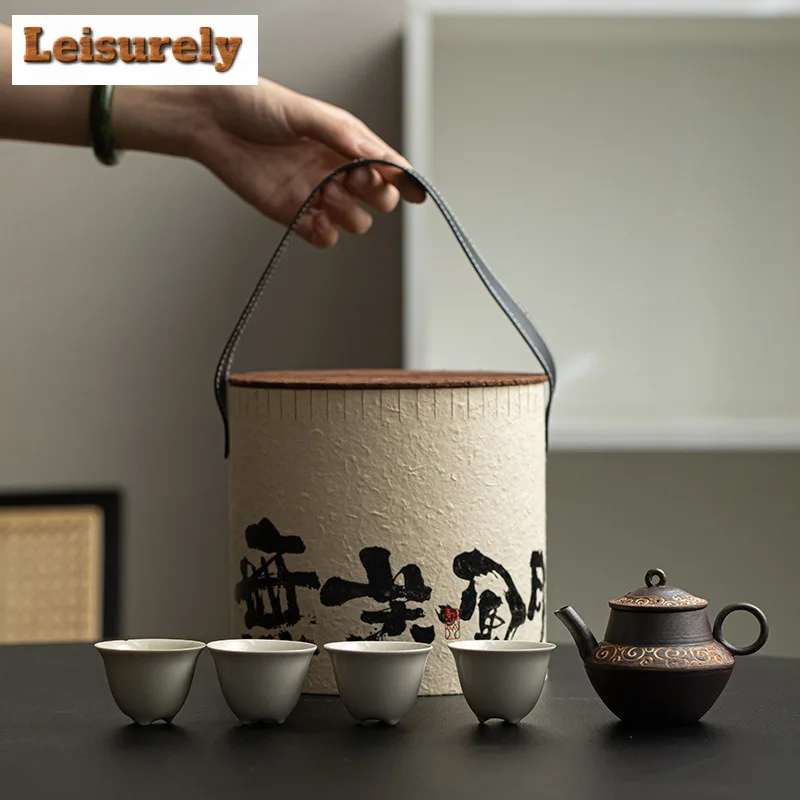 

Cylinder Install Travel Tea Set Kit Zen 1 Pot 4 Cups Household Tea Making Organizer Portable Camping Handbag Supplies Drinkware