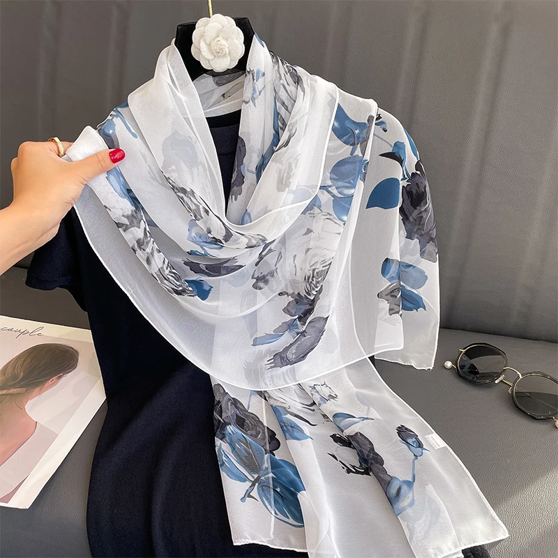 Luxury Brand Women Beach Scarf Georgette Silk Shawls Design Print Headband Female Summer Headband Wraps Sunscreen Hijab 2023