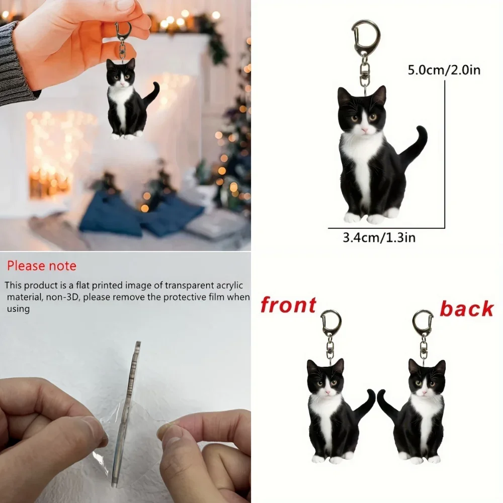 2D Trendy Tuxedo Cat Keychain Acrylic Charming Kitten Pendant Versatile Decor for Car Backpacks Home Festive Party Gift For Her