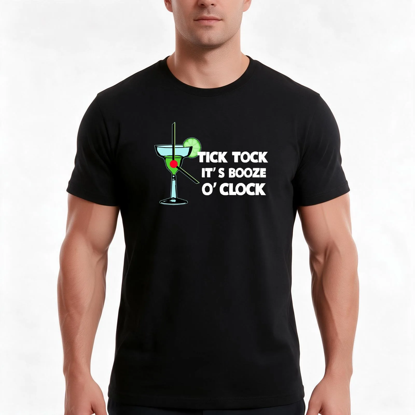 Tick Tock It's Booze O'Clock T-Shirt, Summer Casual Cotton Tee, Oversized Streetwear Tops, Vintage Graphic Print, 100% Cotton