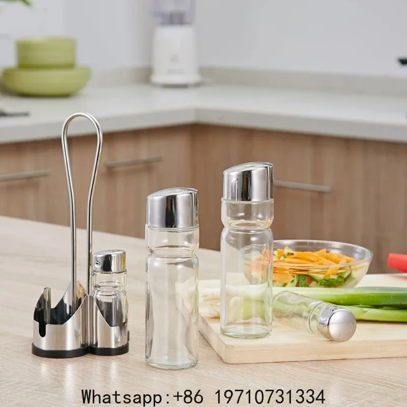 Seasoning Bottle Set Condiment Holder Rack 4 in 1 Oil Vinegar Dispensers Salt Pepper Shakers Glass Cruet Set with Caddy Stand