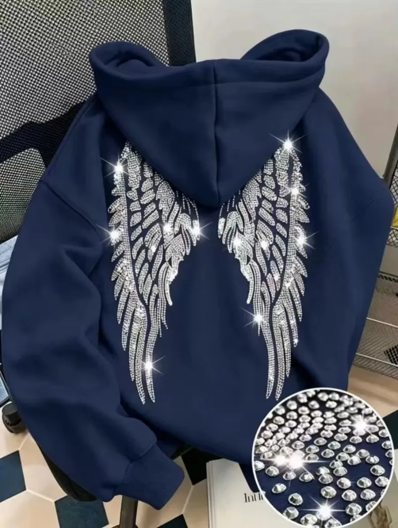 Leisure Spring and Autumn Sweater Wing Print and Hot Rhinestone Two Styles Women's Long-sleeved Pullover Hoodie