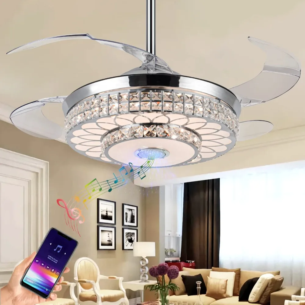 

2024 New 42" Retractable Ceiling Fan with Light, Crystal Invisible Fan Light with Bluetooth Music Player Remote and APP Control