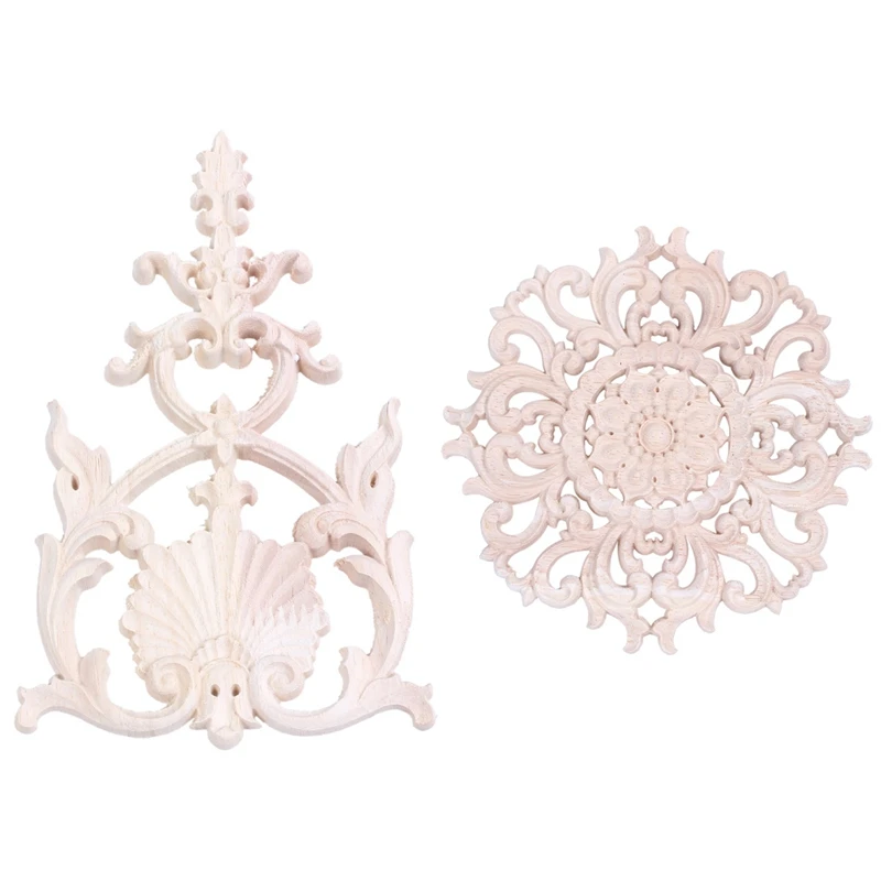 2 Pcs Rubber Wood Carved Applique Vintage Furniture Craft Decor, No. A & No.H