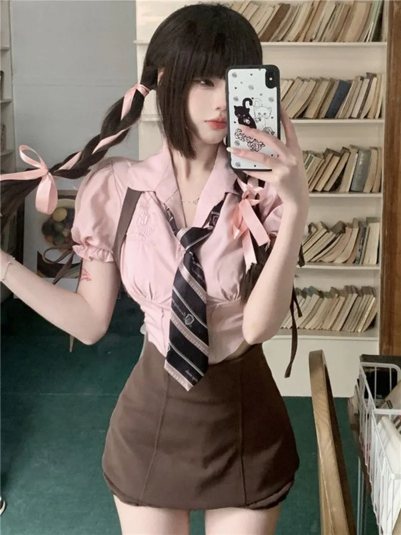 Sweet Academy Letter Shirt Top Strap Skirt Two Piece Set Women Bubble Sleeves Lapel Spicy Girl Slim Summer Chic Female Lady Suit