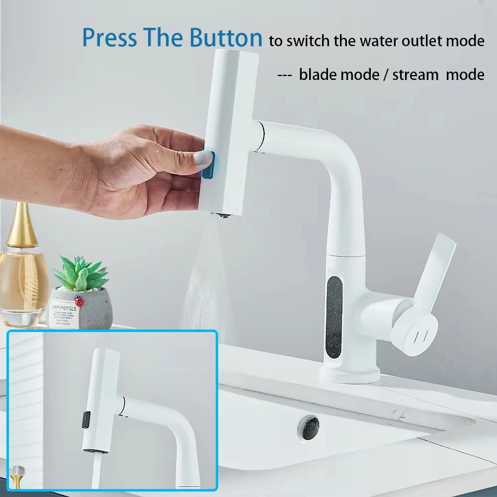 White/Black Bathroom Sink Faucet with Digital Temperature Display, Pull-Out Arm, Waterfall Spout and Hot and Cold Water Mixer.