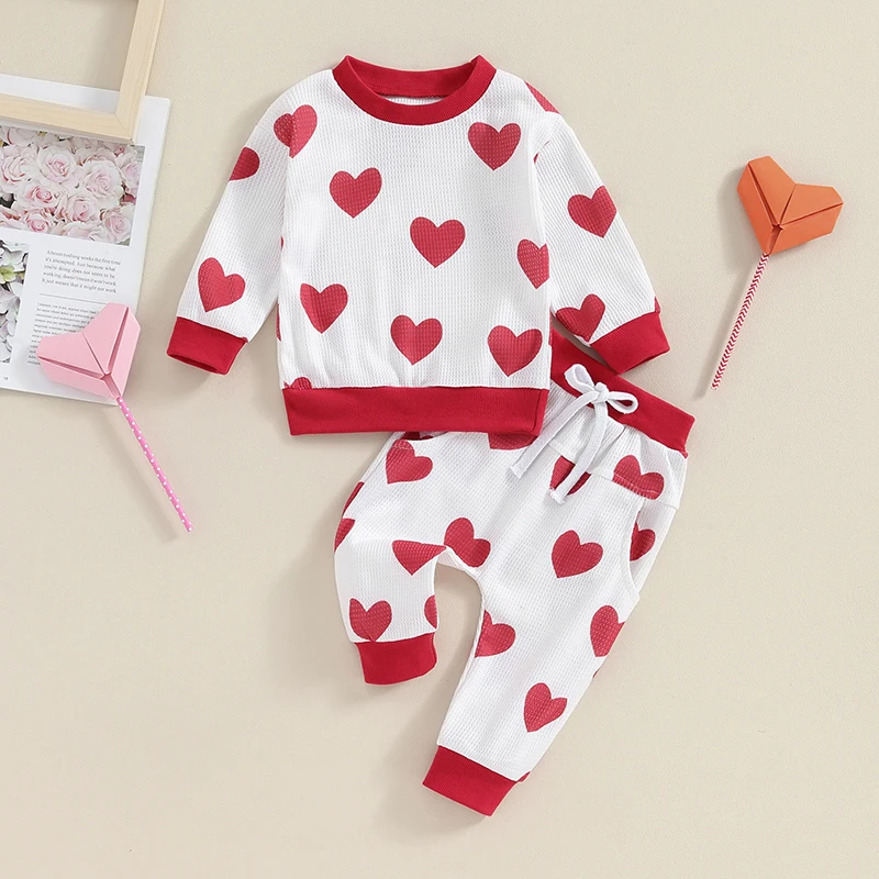 

Spring Autumn 0-3Y Newborn Baby Girl Boy 2PCS Clothes Set Heart Print Waffle Sweatshirt Pant Toddler Clothes Outfit Baby Costume