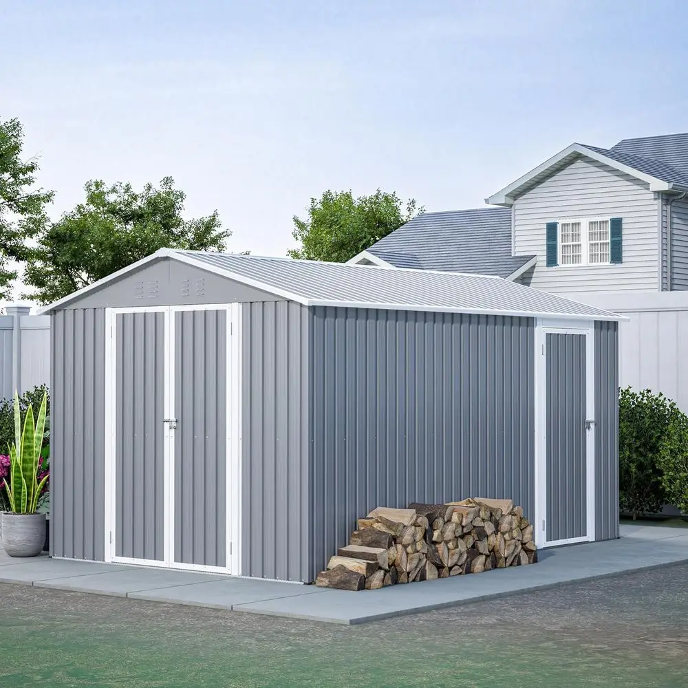 

Double-Door Steel Outdoor Storage Shed, 8x12 ft, Grey, with Door and Lock for Garden and Patio Use