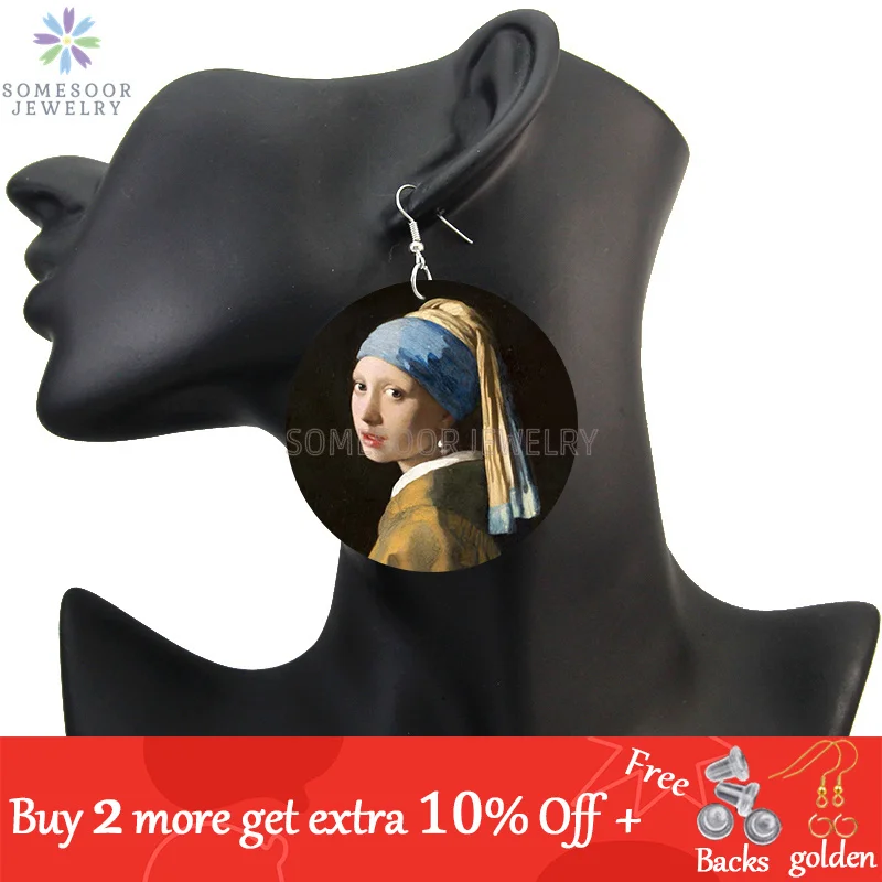 SOMESOOR Vintage Mona Lisa Girl Wooden Drop Earrings Da Vfor Art Painting Geometric Wood Loops Dangle Jewelry For Women Gifts